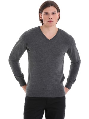 Hatemoğlu Gri Regular Fit Düz V Yaka Yünlü Triko Kazak