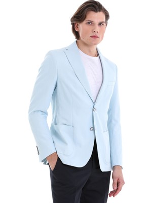 Saykı Mavi Slim Fit Düz Mono Yaka Klasik Keten Ceket