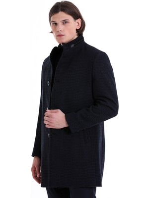 HTML Lacivert Slim Fit Desenli Hakim Yaka Yünlü Kaşe Palto
