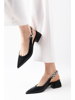 Mio Gusto Kadın Kısa Topuklu Ayakkabı Siyah Renk Suni Deri Taş Bantlı Konik Taban