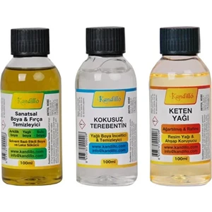 Dünya Magnet Kandillo Yağlı Boya Seti Yardımcı Malzemeler 3 x 100 ml Terebentin Resim Keten Yağı ve Fırça Temizleme Sıvısı