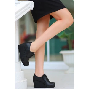 Gimer Avm Dolgu Topuk Fermuarlı Siyah Cilt Kadın Ayakkabı