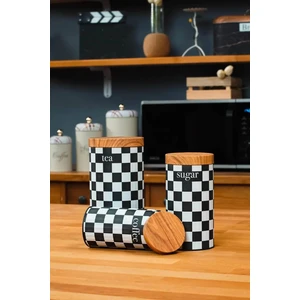 UCR Home 3'lü Set Metal Çay Kahve Şeker Saklama Kavanozu - Dama Desenli