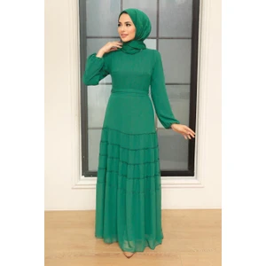 Neva Style Piliseli Çağla Yeşili Tesettür Elbise 5712CY