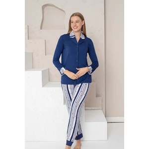 Kadın Pijama Takımı Lacivert Çizgili Lilralı Önden Düğmeli
