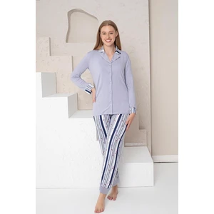 Kadın Pijama Takımı Lacivert Çizgili Lilralı Önden Düğmeli
