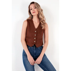 Fitted V Yak Düğmeli Crop Scuba Süet Yelek Bayan Yelek 5865576