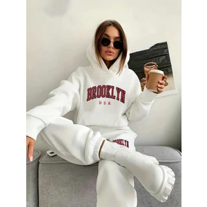 Kadın Beyaz Brooklyn Usa Baskılı Oversize Alt Üst Eşofman Takımı