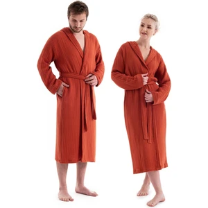 Unisex Kapşonlu 4 Kat Müslin Bornoz - Kiremit