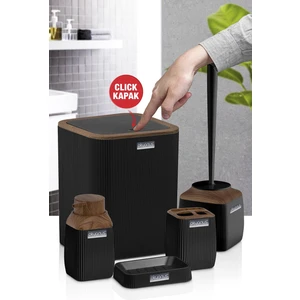 Okyanus Home Ahşap Desenli Çizgili 5'li Banyo Seti Siyah