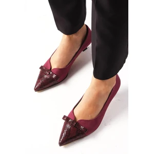 Mio Gusto Pia Bordo Renk Yılan Derisi ve Süet Kombinasyonlu Kadın Kısa Topuklu Ayakkabı