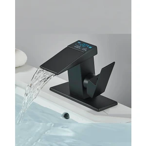 Rena Design Dijital Sıcaklık Göstergeli Siyah Kare Lavabo Bataryası Musluğu Çiftgirişli Armatür Sayaç Ekranlı
