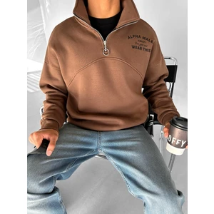 Abluka Online Yarım Fermuarlı Baskılı Sweatshirt Kahverengi