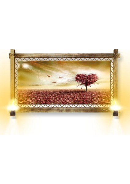 Rustik Işıklı Kalp Ağaç Kanvas Rustik Tablo O 96 x 66