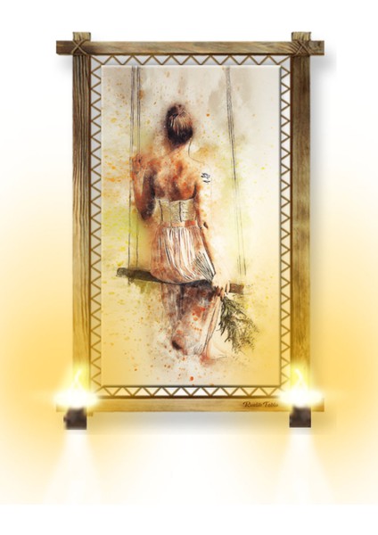 Rustik Işıklı Salıncaklı Kız Kanvas Rustik Tablo O 66 x 45