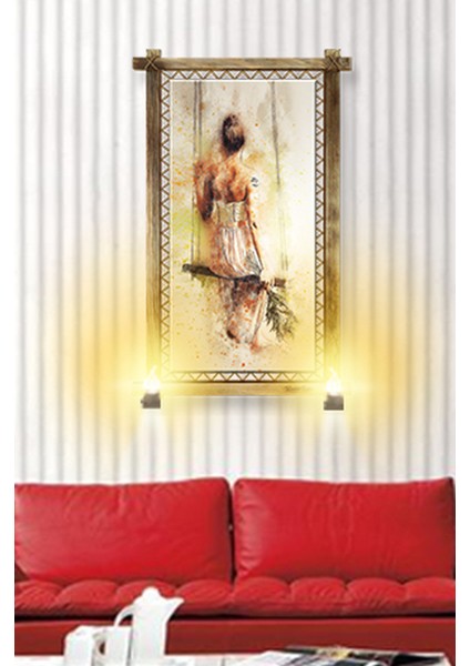 Rustik Işıklı Salıncaklı Kız Kanvas Rustik Tablo O 66 x 45