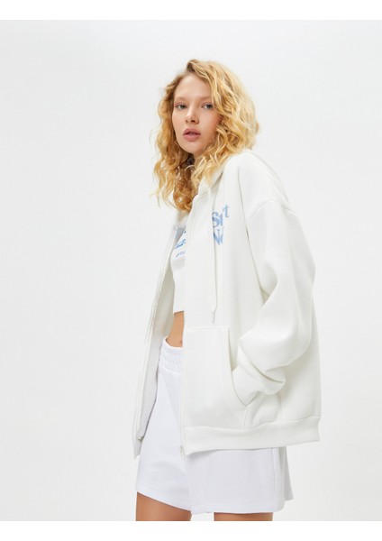 Fermuarlı Sweatshirt Kapüşonlu Arkası Baskılı Cepli Pamuk Karışımlı