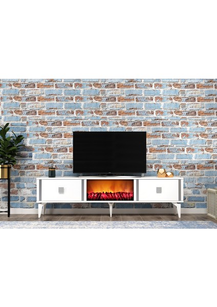 Doruk Tv Sehpası (Alt Modül) Şömineli Beyaz Gümüş