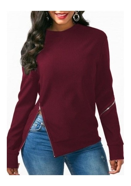 Kadın Uzun Kollu Bisiklet Yaka Fermuar İki İplik Bluz