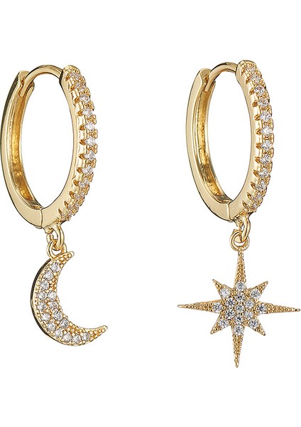 Halka Post Dangle Halka Altın Kaplama Yıldızlı Küçük Halka Kadın Ay Yıldızlı Huggie Küpe (Yurt Dışından)
