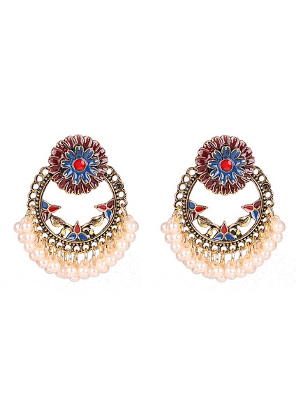Renkli Etnik Vintage Yuvarlak Geometrik Çiçek Bırak Dangle Kadınlar Için Inci Emaye Süs Bohemian Düğün Takı Küpe (Yurt Dışından)