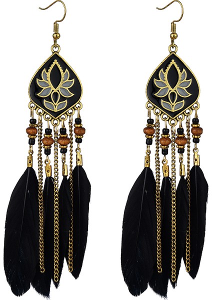 Kanca Tüy Dangle Bırak Bohemia Su Damlası Zincir Püsküller Vintage Boncuklu Etnik Takı Kadın Küpe (Yurt Dışından)
