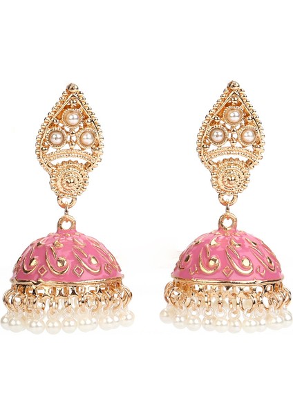 El Işi Geleneksel Düğün Kıyafeti Kundan Çivili Çiçek Emaye Jhumka Jhumki Hint Etnik Moda Takı Küpe (Yurt Dışından)