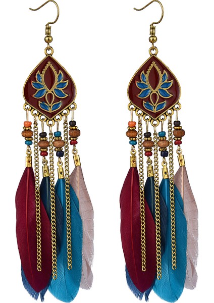 Kanca Tüy Dangle Bırak Bohemia Su Damlası Zincir Püsküller Vintage Boncuklu Etnik Takı Kadın Küpe (Yurt Dışından)