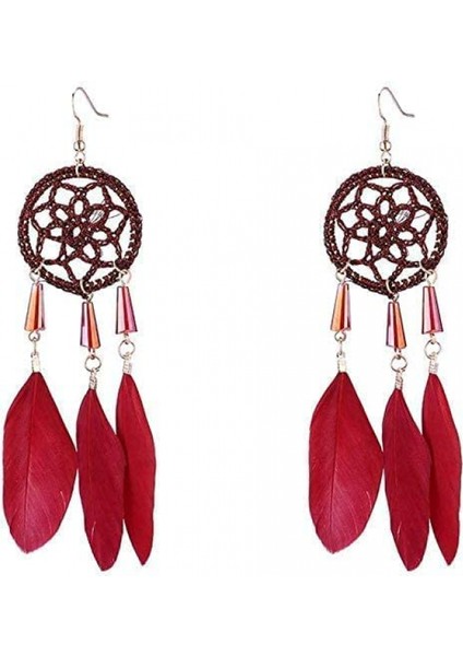 Düğme Sadelik Tüy Uzun El Örgüsü Püsküllü Retro Boho Dream Catcher Tasarım Renk: Kırmızı Küpe (Yurt Dışından)