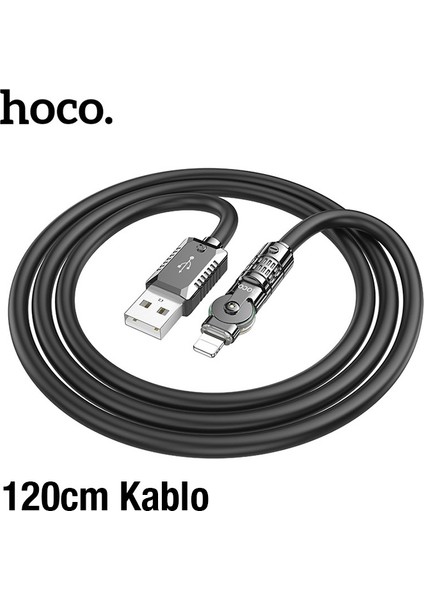 U118 Döner Başlıklı USB To iPhone Lightning Hızlı Şarj ve Veri Kablosu