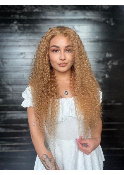 Uzun Afro Dalgalı Yoğun Kıvırcık Gerçek Saç Tül Peruk Küllü Sarıı Küllü Sarı Küllü Sarı