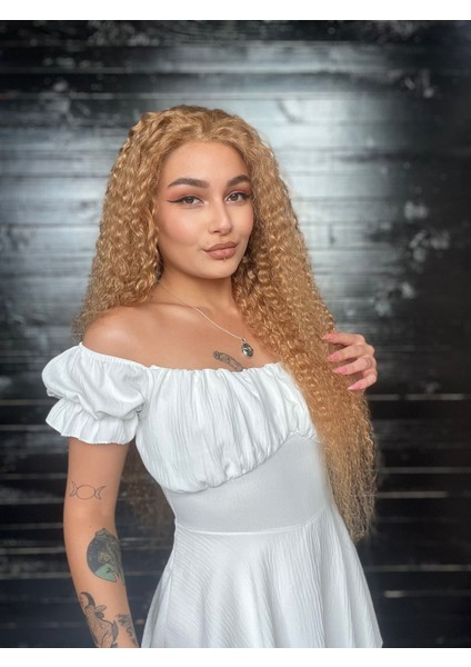 Uzun Afro Dalgalı Yoğun Kıvırcık Gerçek Saç Tül Peruk Küllü Sarıı Küllü Sarı Küllü Sarı