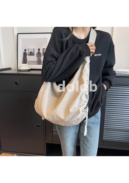 Yıkanmış Kanvas Kadın Kore Versiyonu Büyük Kapasiteli Crossbody Üniversite Öğrencisi Düz Renk Sınıf Omuz Tote Çanta (Yurt Dışından)