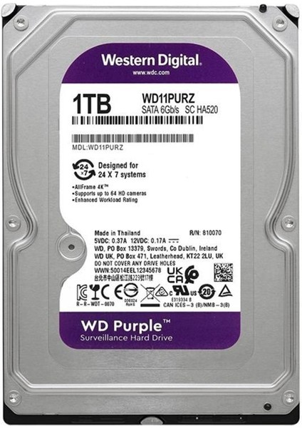 1 TB WD 3.5 PURPLE SATA3 5400RPM 64MB 7/24 GUVENLIK WD11PURZ (3 YIL RESMI DIST GARANTILI)