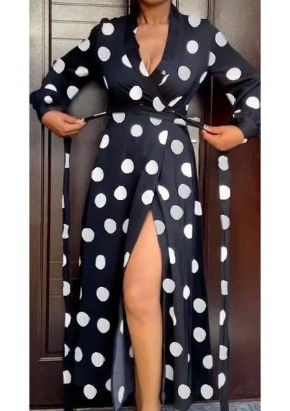 Kadın Uzun Kollu Kruvaze Yaka Yandan Bağlamalı Krep Tam Boy Elbise fiyatları