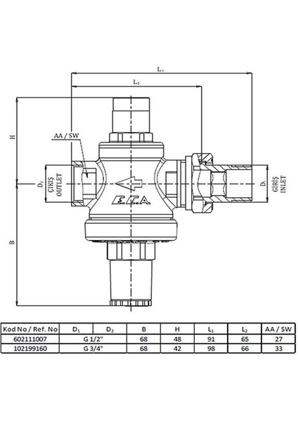 Su Basınç Düşürücü Valf 3/4'' ( Iç Vida x Rakorlu)
