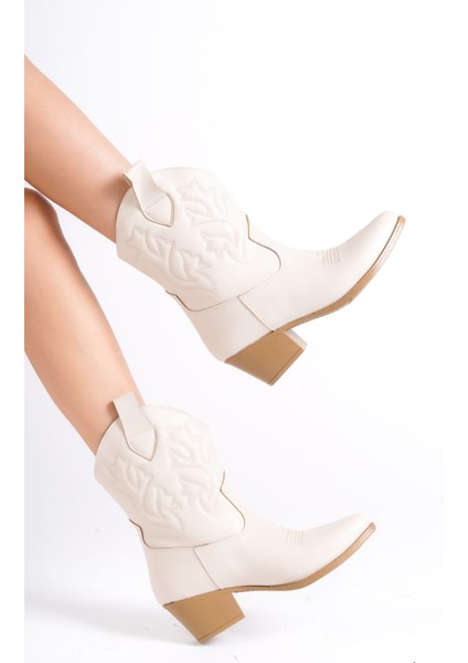 Kadın Ten Krem Bej Vegan Deri Nakışlı Western Kısa Kovboy Çizme Bot fiyatları