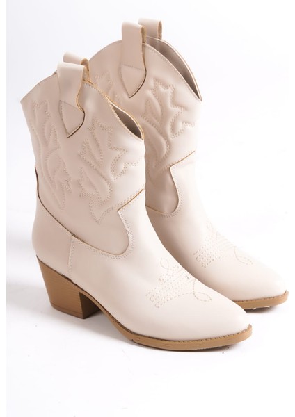 Kadın Ten Krem Bej Vegan Deri Nakışlı Western Kısa Kovboy Çizme Bot modelleri