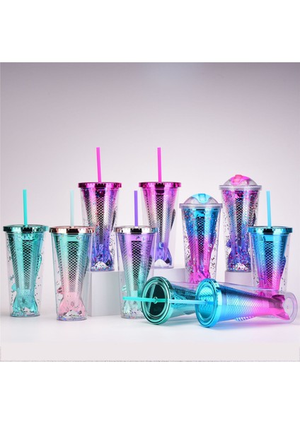 Çift Katmanlı Plastik Bardak Yaratıcı Degrade Denizkızı Kuyruğu Hasır Bardak Görünüm Galvanik Renk Payet Su Bardağı (Yurt Dışından)