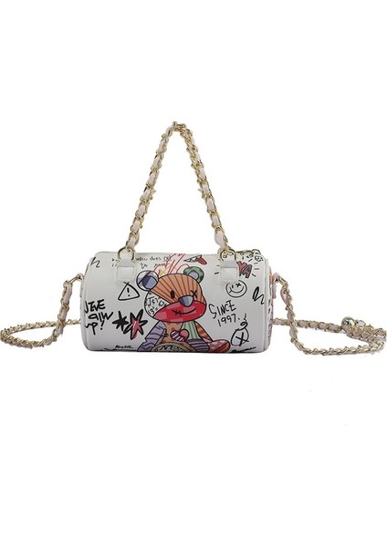 Çanta Kız Graffiti Sevimli Ayı Karikatür Kız Tek Omuz Taşınabilir Messenger Zincir Silindirik Çanta (Yurt Dışından)