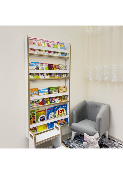 Emdief Home Montessori Çocuk Odası Eğitici Kitaplık - 4 Raflı Mdf Kitaplık - Duvar Rafı