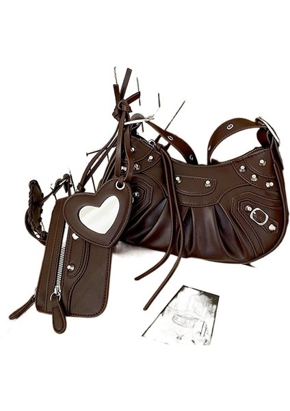 Koltuk Altı Çantası Kadın Pileli Hilal Omuzdan Askili Çanta Kadın Retro Perçinli Motosiklet Çantası (Yurt Dışından)