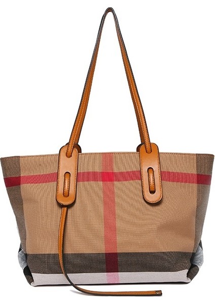 Kanvas Ekose Çanta Büyük Kapasiteli Tote Çanta Alışveriş Çantası Doku Omuzdan Askili Çanta (Yurt Dışından)