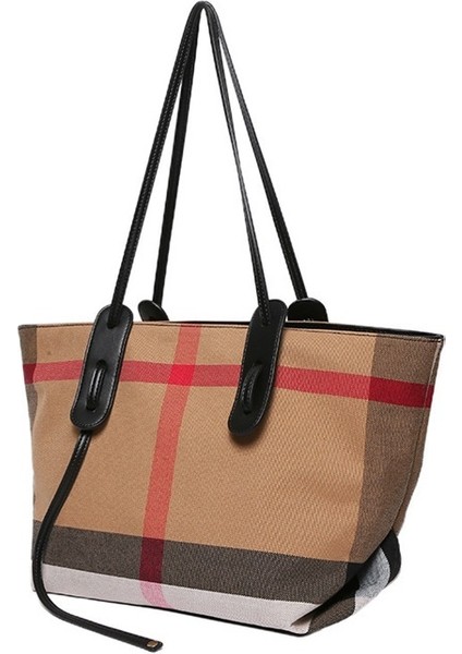 Kanvas Ekose Çanta Büyük Kapasiteli Tote Çanta Alışveriş Çantası Doku Omuzdan Askili Çanta (Yurt Dışından)