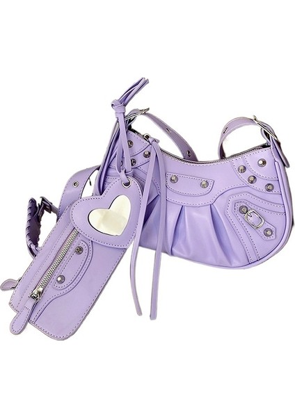 Koltuk Altı Çantası Kadın Pileli Hilal Omuzdan Askili Çanta Kadın Retro Perçinli Motosiklet Çantası (Yurt Dışından)