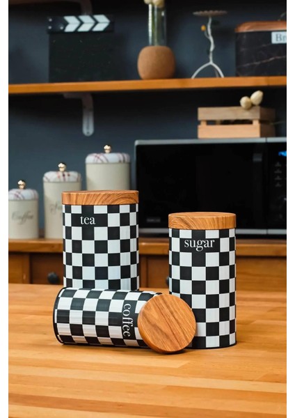 3'lü Set Metal Çay Kahve Şeker Saklama Kavanozu - Dama Desenli
