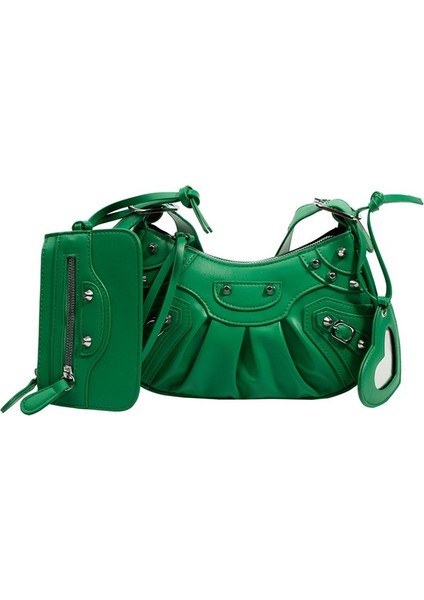 Koltuk Altı Çantası Kadın Pileli Hilal Omuzdan Askili Çanta Kadın Retro Perçinli Motosiklet Çantası (Yurt Dışından)