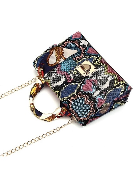 Renkli Yılan Desenli Ipek Eşarp Çanta Pu Zincir Bir Omuz Diyagonal Küçük Kare Çanta (Yurt Dışından)