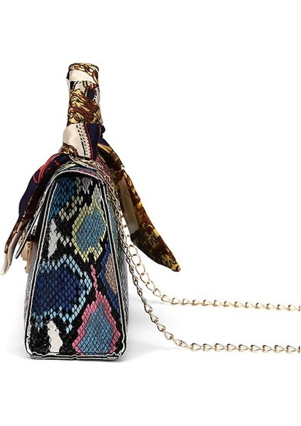 Renkli Yılan Desenli Ipek Eşarp Çanta Pu Zincir Bir Omuz Diyagonal Küçük Kare Çanta (Yurt Dışından) fiyatları