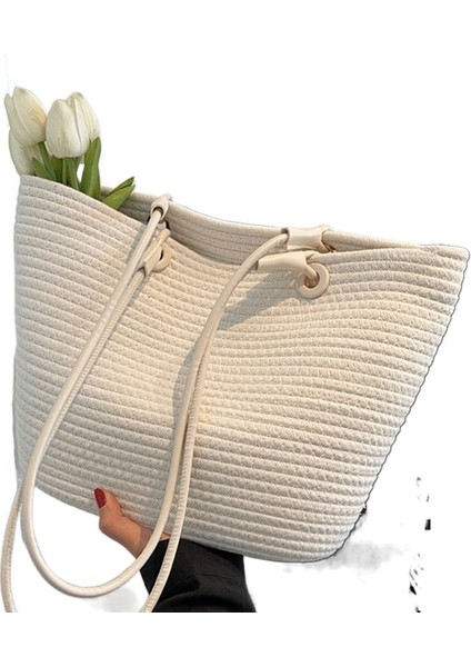 Büyük Kapasiteli Dokuma Kadın Çantası Omuzdan Askili Çanta Hasır Dokuma Çanta Elde Taşıma Çantası (Yurt Dışından)